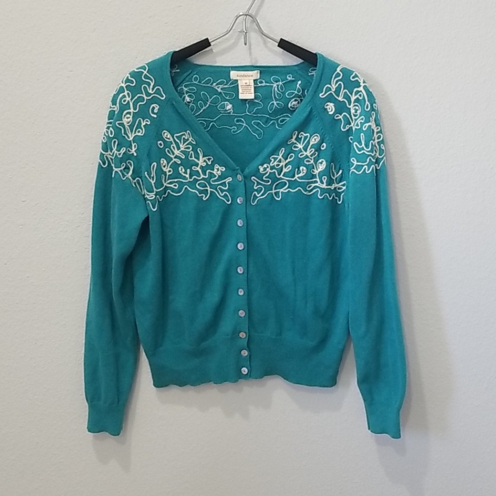 Sundance Button Down Turquoise Ivory Cardigan Sz M